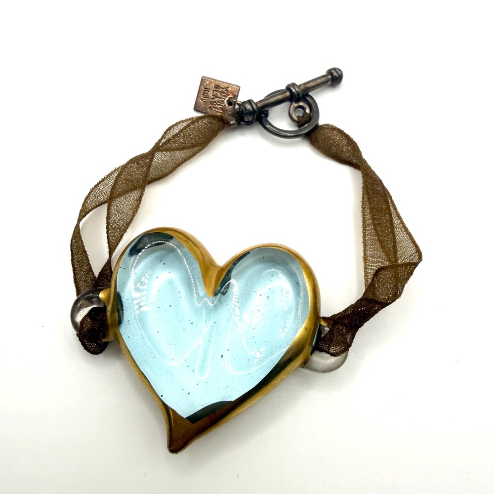 Yummi Glass Italy Heart Bracelet Murano Blue Gold Foil Silk Ribbon Y2K